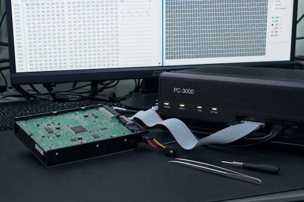 A bare Western Digital hard drive PCB connected by ribbon cable to a PC-3000 data-recovery terminal, with a monitor showing firmware module hex data and a drive service-area map
