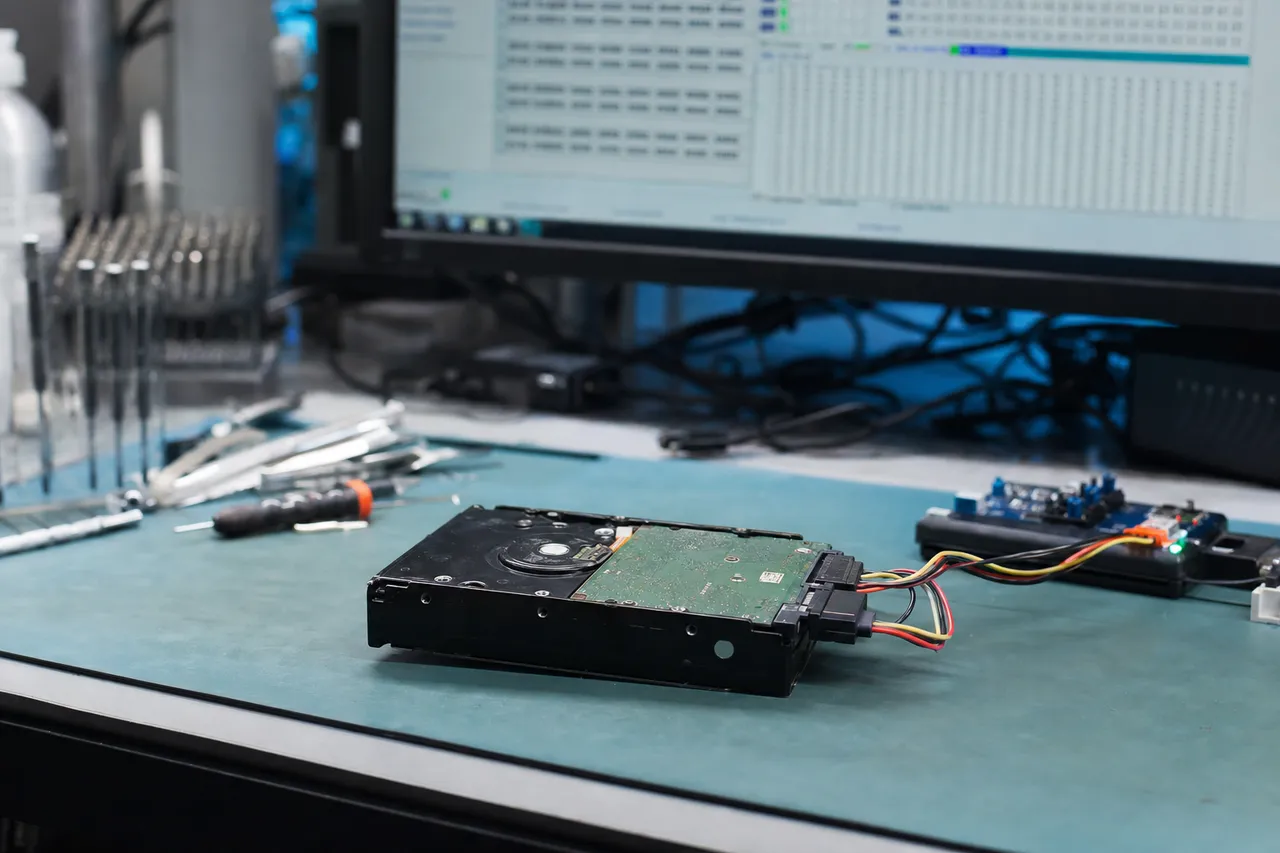A PC-3000 firmware recovery workstation with a 3.5-inch desktop drive on a SATA terminal and firmware module diagnostics on the monitor