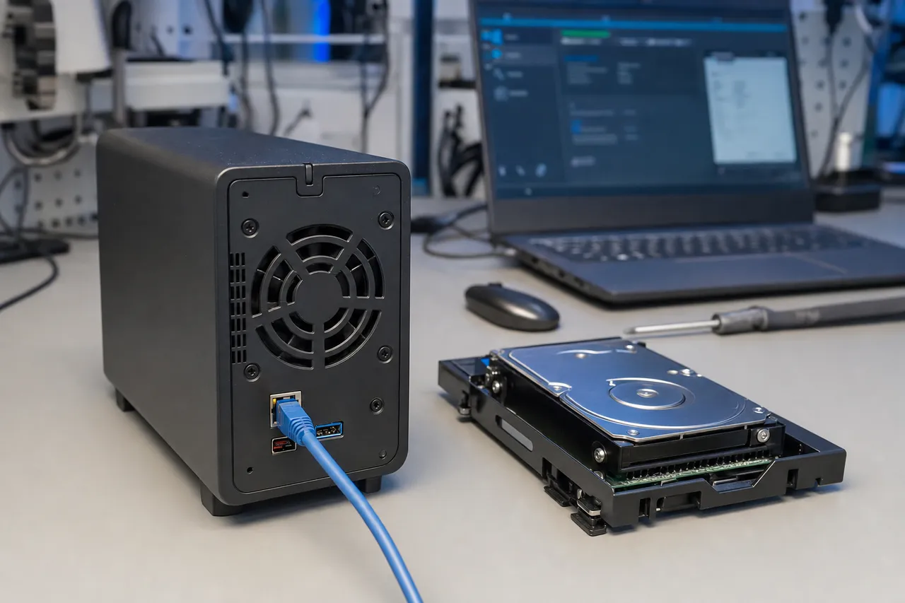 A single-bay network-attached storage external drive with an ethernet cable in its rear port and the internal 3.5-inch drive exposed beside it
