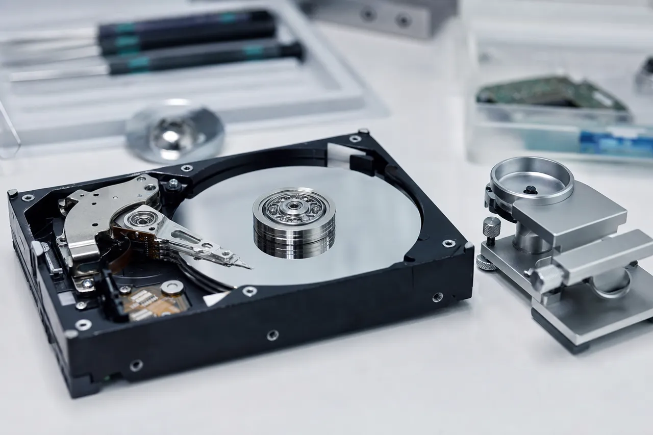 An opened 3.5-inch desktop hard drive exposing the mirror-like platter stack and the central spindle motor hub, the cause of motor seizure and stiction