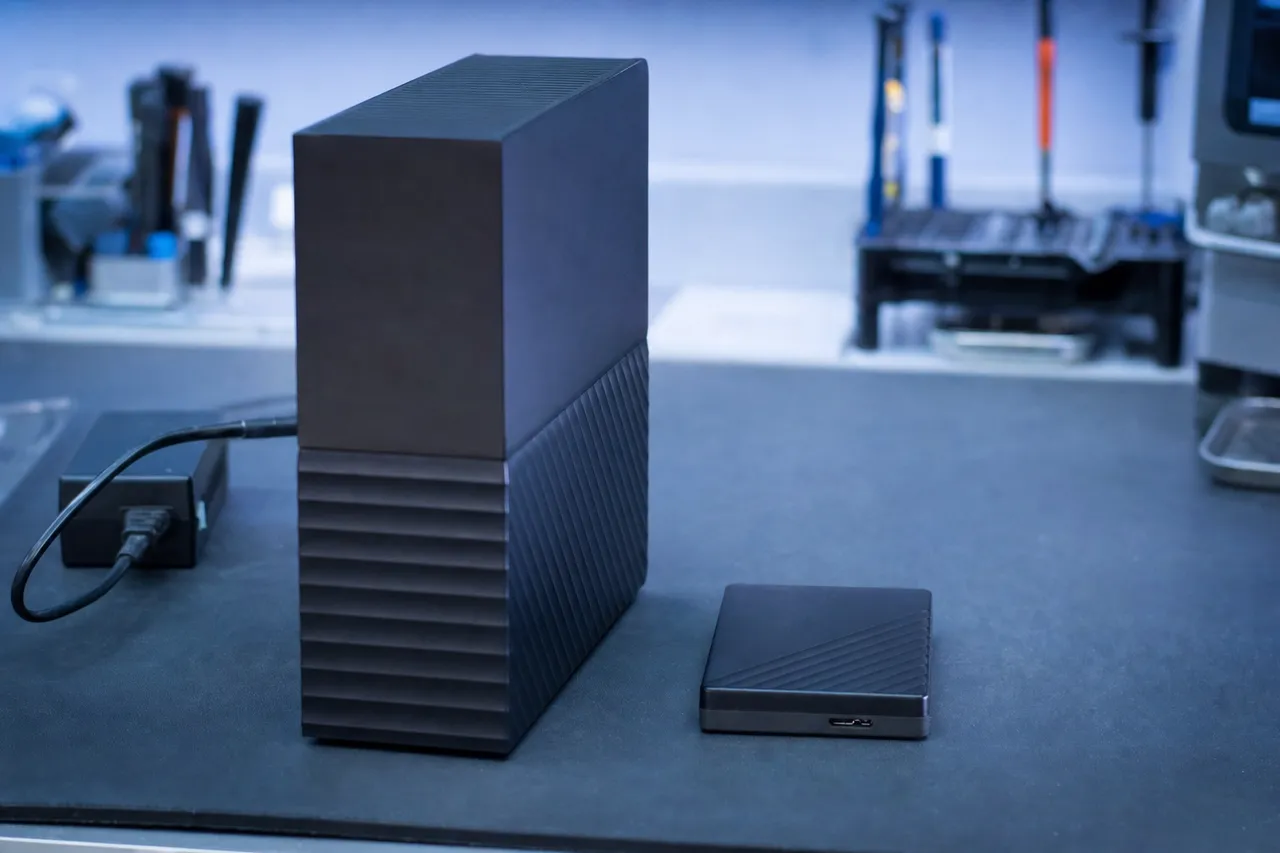A full-size desktop WD My Book external drive beside a small palm-sized portable WD My Passport drive, compared side by side on the lab bench